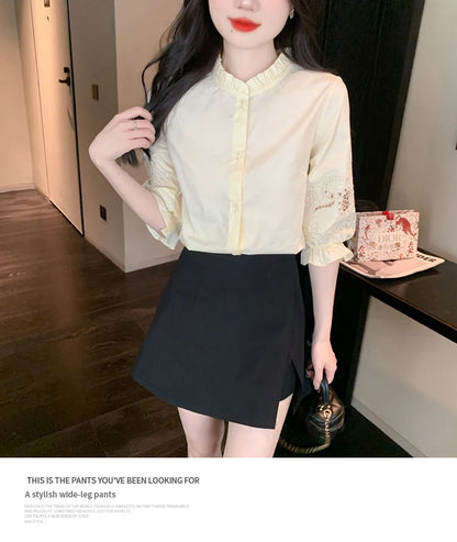 Ele Embroidered ort Sve irt Women's Summer New Design Korean Sle Commute Lantern Sve White irt for Ladies
