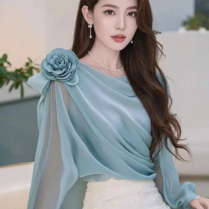 Spring Autumn New Solid Color Solid Color Long Sleeve Blouse Women High Street Casual Floral Patchwork Pullovers Elegant Tops