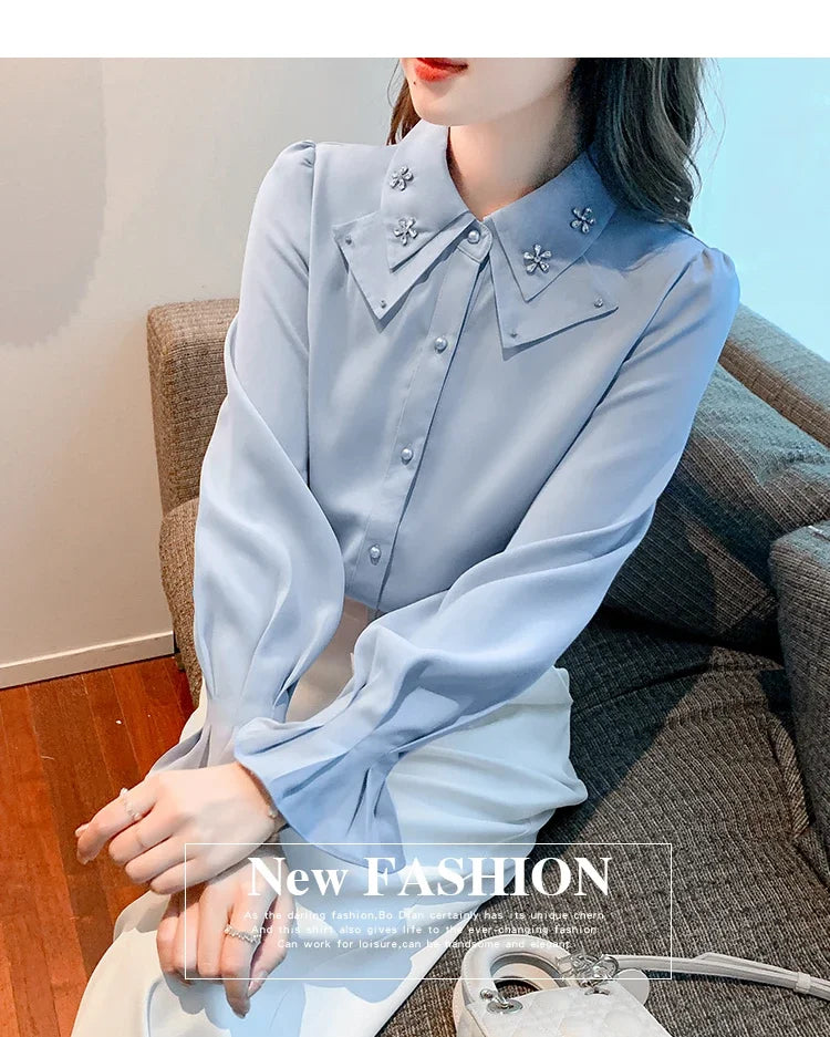 Elegant Long Sleeve Chiffon Shirts Women Autumn Winter Fashion White Blusa Feminina Korean Style Office Ladies Tops Blouses