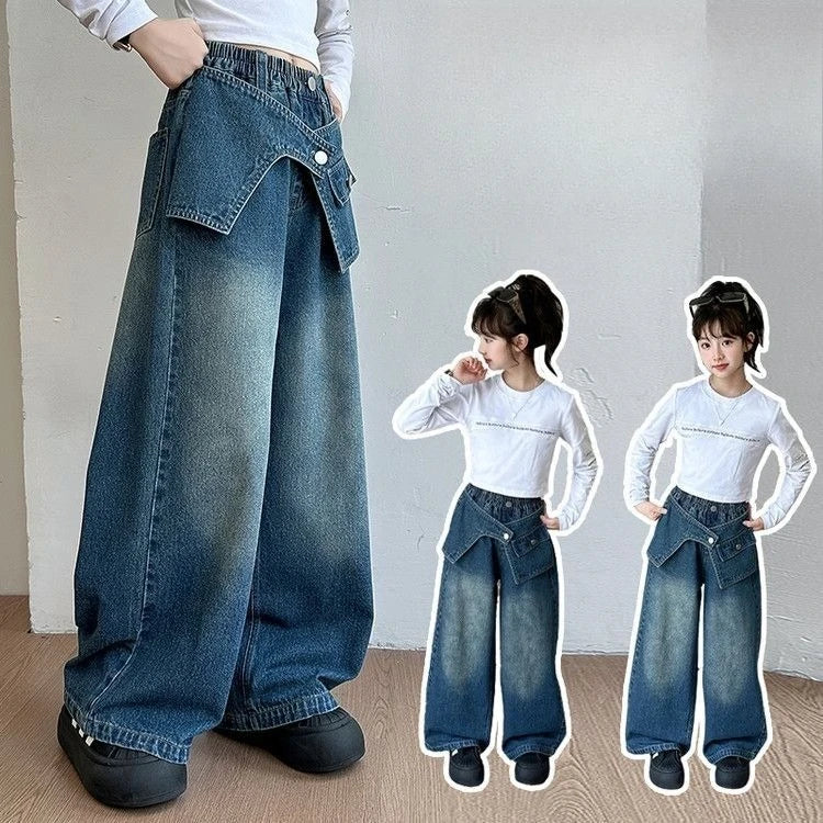 Autumn Trendy Korean Style Flared Jeans for Girls - Medium & Large Kids, Ruffled Long Pants for Junior High Students