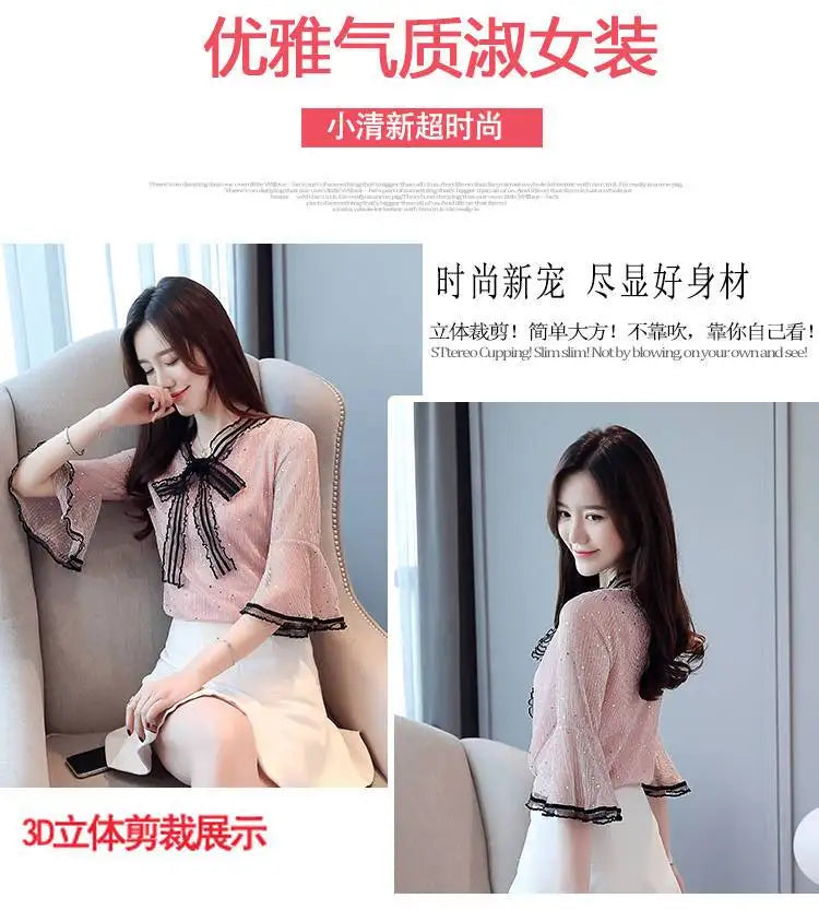 Chiffon Base Shirt with Mid Sleeves Versatile New Spring Sweet and Fashionable Korean Women's Top