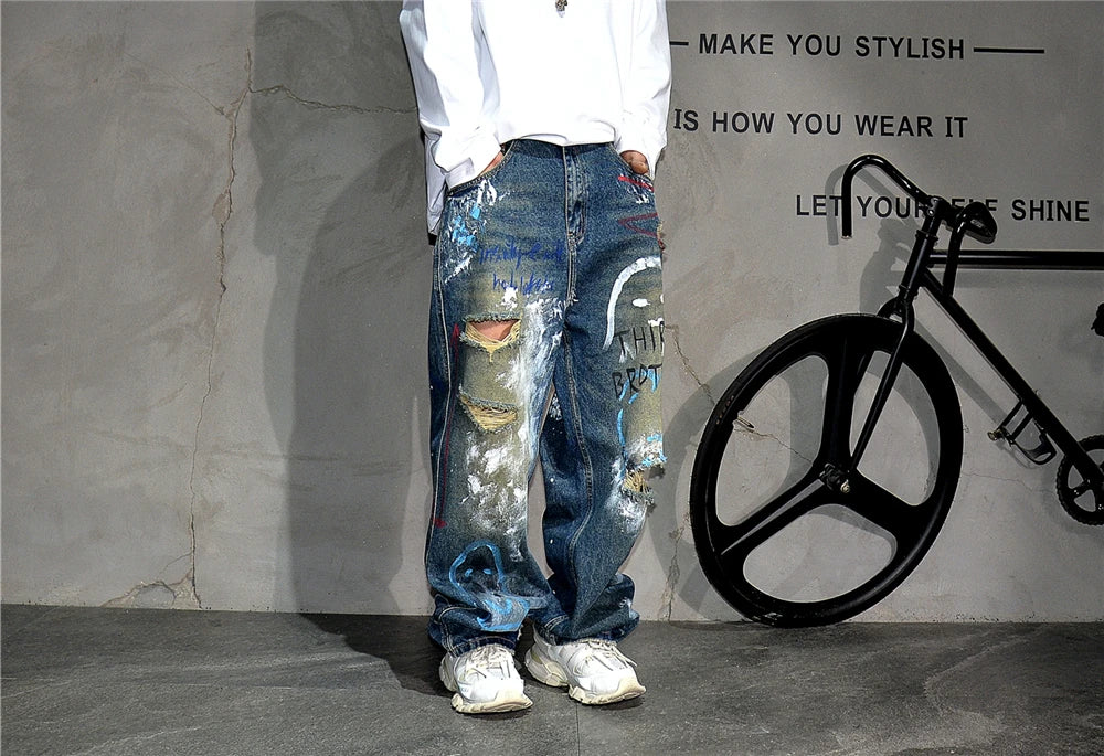 High End Men'S Clothing Hip Hop Graffiti Baggy Jeans For Men Streetwear Skateboard Ripped Jeans Korean Trendy Denim Trousers  ( Available )