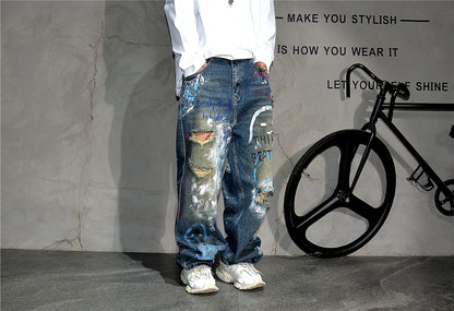 High End Men'S Clothing Hip Hop Graffiti Baggy Jeans For Men Streetwear Skateboard Ripped Jeans Korean Trendy Denim Trousers  ( Available )