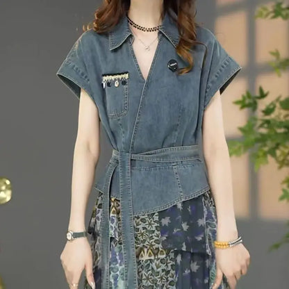 Women's Summer Dress Fake Two Piece Cowboy New Vintage Simple Loose Casual Design Fashion Advanced Soft Niche Versatile Skinny