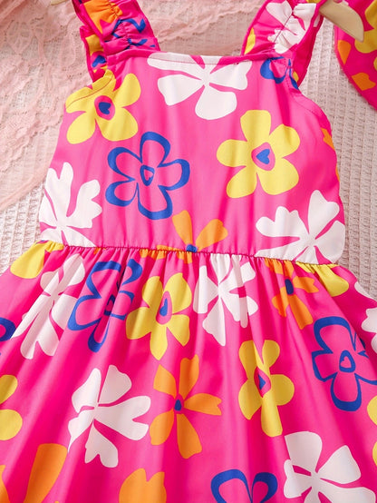 Summer fashion dress for girls, floral print pattern, ruffled camisole dress+hat
