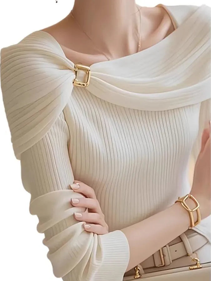Ele White Knitted One-oulder Top for Women Early Autumn Design Unique Personali Commute Sle Slim Fit Long Sve T-...