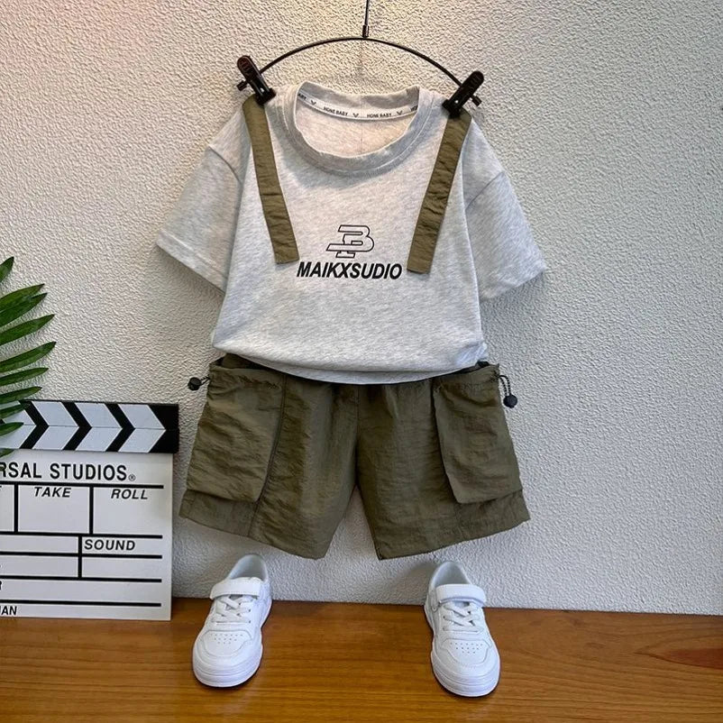 New Boys Sleeveless Vest Denim Shorts 2PC Sets Outdoor Festival Clothing Vintage Print Kids Miracle Design 2-10 Years White Tops (Available)