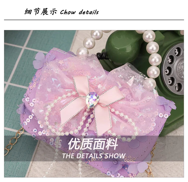 Cute Sequin Bow Kids Mini Square Shoulder Bags Versatile Children Chain Crossbody Bag Lace Girls Pearl Handbags Clutch Purse