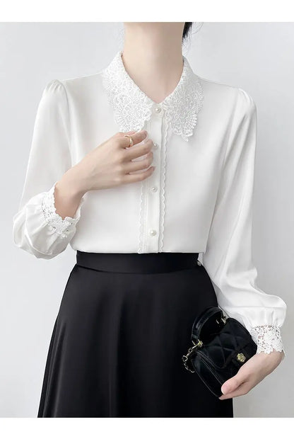Lapel Lace Hollow Stitching Top Satin Shirt Women's Long-sleeved Temperament Autumn