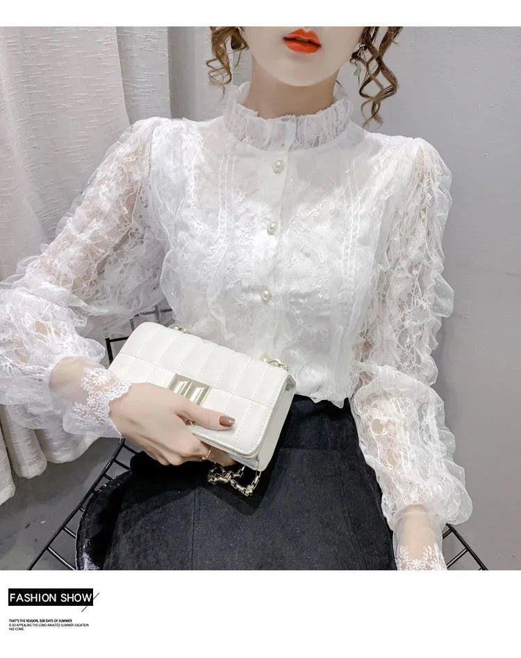 Blouse Women Shirt Lace Long Sleeve Women's Clothing Spring Lantern Sleeve Stand Collar Cardigan Top Blusas Mujer De Moda