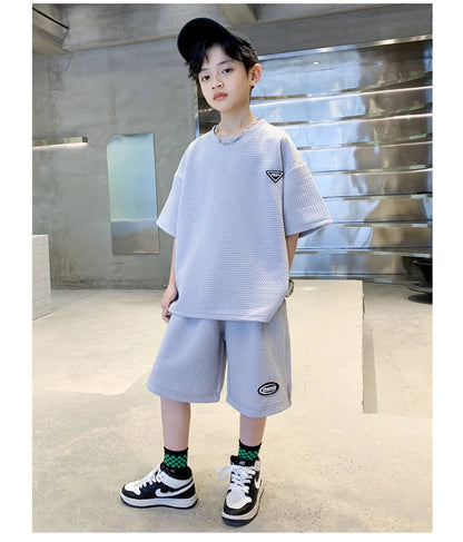 New Teenager Casual Outfits Children Trends Clothes Suits Kids Short Sleeves Tops+Baggy Pants 2Pcs