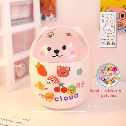 Mini Desktop Trash Can Organizer Cute Bear Multifunction Creative Cosmetic Bucket with Lid Pen Holder Kawaii Stickers Patchers