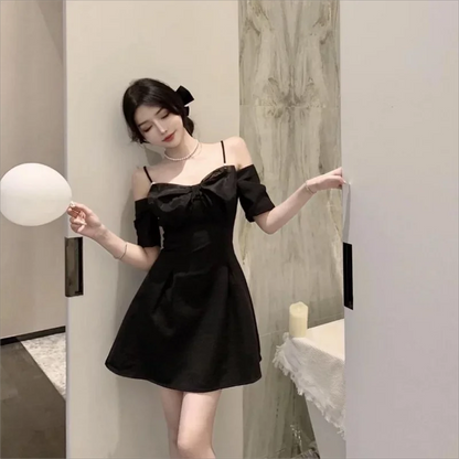 Sexy Off Shoulder Bow Dress Women Slim Short Slip Dress Ladies Style Birthday Formal Elegant White Mini Dresses