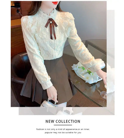 Women's Fce Lined Lace Blouse Thiened Autumn Winter Faion Inner Wear  Knot irt Stand Collar Regular Fit