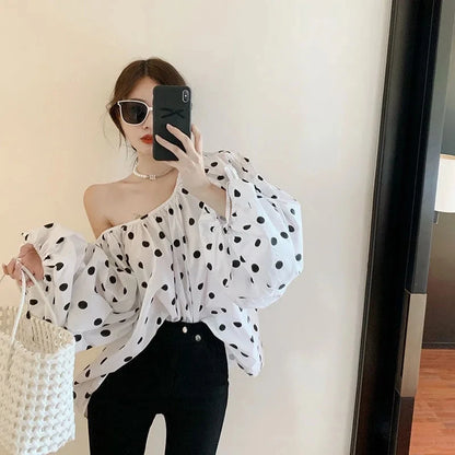 JOEVILU Polka Dot Shirt Off Shoulder Bubble Sleeve Tops Women's White Loose Simple Top French Casual Blouse In Spring and Summer