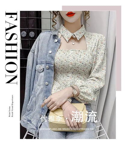 2025 Floral Chiffon Shirt New Spring Summer Women Collect Waist Hollow Out Tops Vintage Blouse Women Longsleeve Short Shirt 3XL