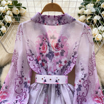 France Elegant Vintage Palace Evening Dress Women Sashes Button Print Short Party Dress Female Casual Chic Festival Clothing New