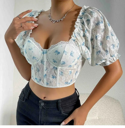 New Sle See-tough Lace Splice Fibone Little Vest ort Sve Women's T-irt Floral Sve European Sle Summer Top