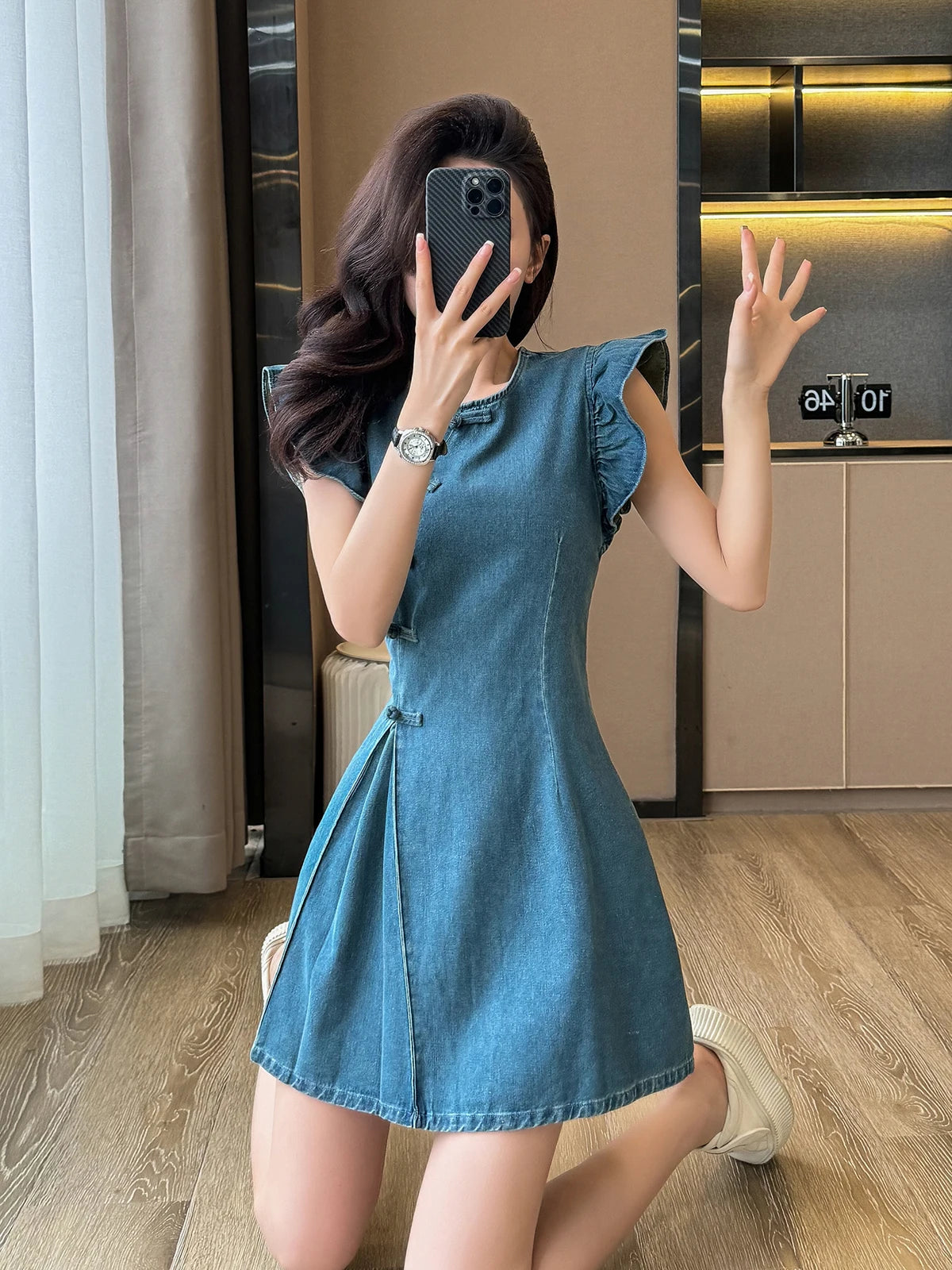 Women's ort Denim Dr A-Line Waist Cinching round Ne Button Sle High Waist Slimming Spring Summer Cotton Blend