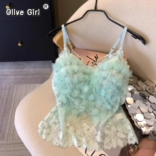Olivegirl Women's Camis Strap Vest Mint Green Stamping Flower Lace 2026 Spring Summer Sweet Mesh Top with Chest Cushion Bra
