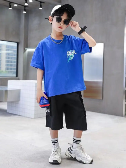 Summer 100% Cotton Boys Blue T-shirt Cool Graffiti Printed Girls Tees Short Sleeve Children Tops High Quality Kids Clothes