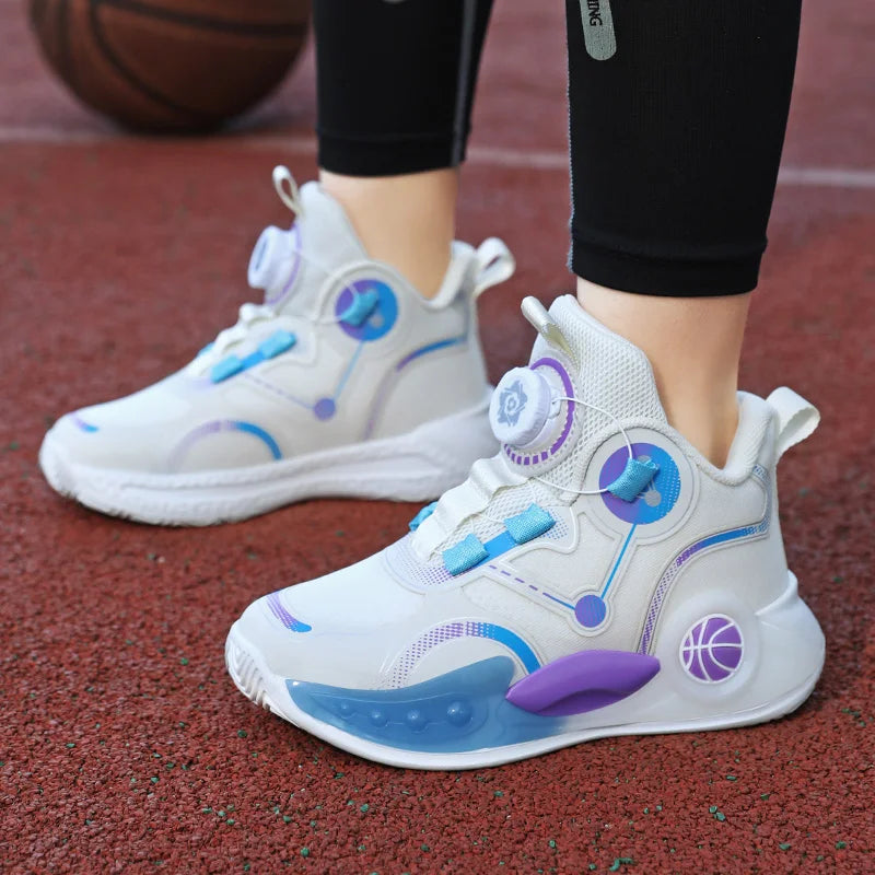 Children Basketball Shoes Boys Sports Comfortable Non Slip Flat Fitness Shoes  New Rotating Button Sports Sneakers for Kids