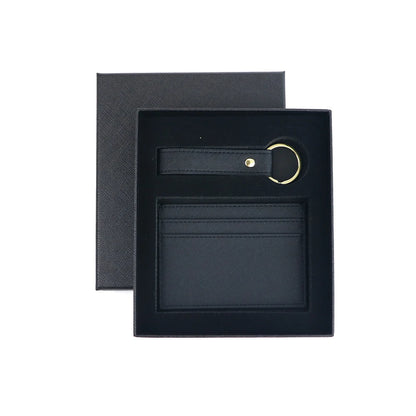 Customized name 1 set of pure color PU leather universal ultra-thin credit card wallet and PU leather keychain gift box set