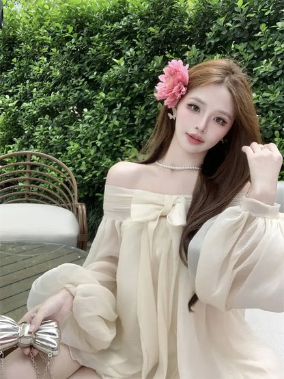 Bow Slash Neck Vestidos Off Shoulder Dress Sexy Sweet Vestido Fairy Mini Loose Dresses Spring 2026 New Long Sleeve Ropa Mujer