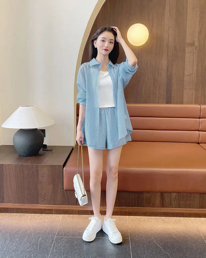 Spring and Summer Sun Protection Women's Set Stylish Loose Shirt Shorts High-end Elegant Women's Three Piece Set