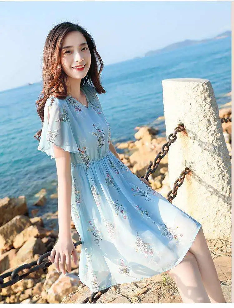 Sweet V-Neck Printing Shirring Bow Chiffon Floral Dress Female Clothing Summer New Loose Butterfly Sleeve Princess Dress