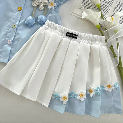 Summer New Baby Floral Short Sleeve Puff Sleeve Top Elastic Waist Pleated Skirt Girls' Set17401