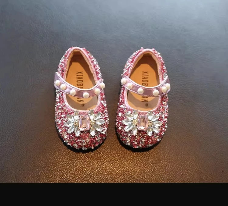 Toddler Kids Princess Shoes Shiny Crystal Girls Flats Sweet Glitter 2025 New Fashion Baby Walking Shoes Soft Bottom Non-slip