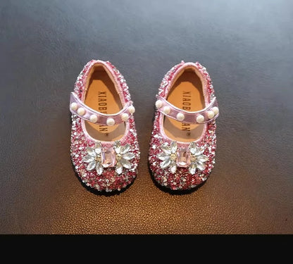 Toddler Kids Princess Shoes Shiny Crystal Girls Flats Sweet Glitter 2025 New Fashion Baby Walking Shoes Soft Bottom Non-slip