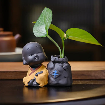 Fortune Lucky Cute The Little Monk Purple Clay Tea Pet Home Decor Mini Water Planting Flower Vase