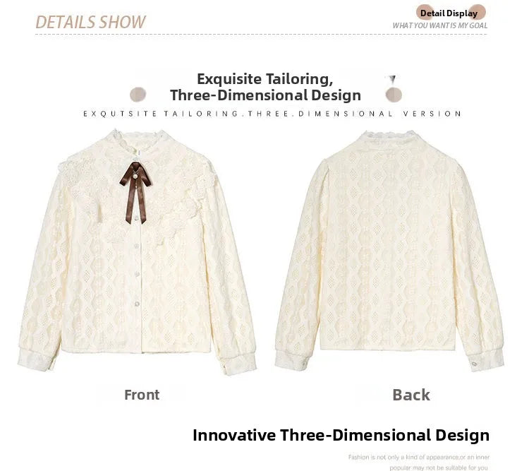 Women's Fce Lined Lace Blouse Thiened Autumn Winter Faion Inner Wear  Knot irt Stand Collar Regular Fit