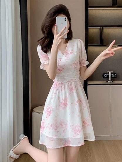 Floral Print A-Line Chiffon Dr Women's Summer 2026 New Sle Slimming ort Dr V-Ne Princ Sve Waist-Cinched