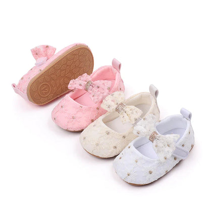 Newborn Baby Girls Mary Jane Flats Cute Bowknot Wedding Dress Shoes Non-Slip First Walkers Embroidery Flower Soft Shoes