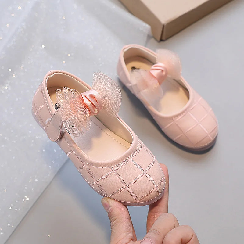 Korean Style Kids Solid Color Embroidered Leather Shoes Girls Big Bow Mesh Flower Princess Flat Dance Shoes