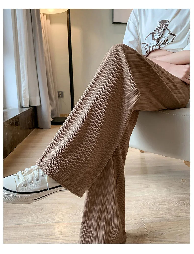 Korea Dongdaemun Ice Silk Wide-leg Pants Women's Thin Slimming Floor Pants White Striped Pants Y2K Fashion Pants Baggy (Available)