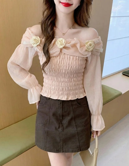 Sweet oulder One-oulder 3D Flower Bell Sve Women's irt Spring New Sle Waist Cinching Beautiful Top Ci Walk ort...
