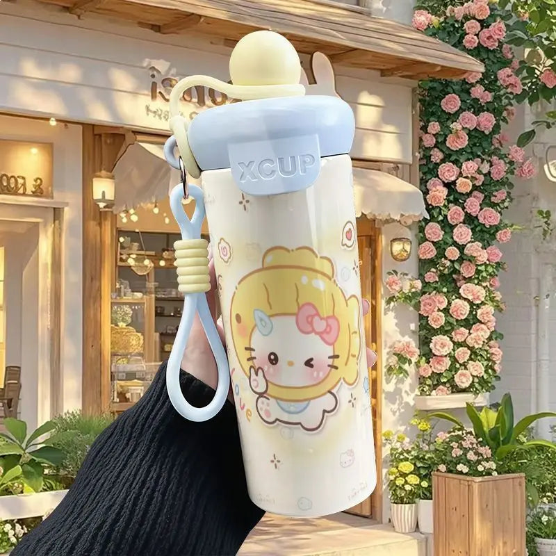 600ml Sanrio Hello Kitty Vacuum Thermos Cup SS316 Insulated Coffee Mug with Lifting Rope Portable Outdoor Drinking Water Kettle
