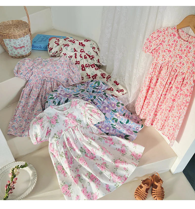 Summer Kids Girls Dresses Short Sleeve A Line Girls Dresses Floral Print Pleated Dress For Girl