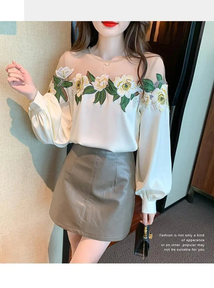 Fashion Women's Blouse Shirt Patchwork Long Sleeve Mesh Perspective Embroidered Flowers Chiffon Shirt Sexy Apricot Floral Shirt