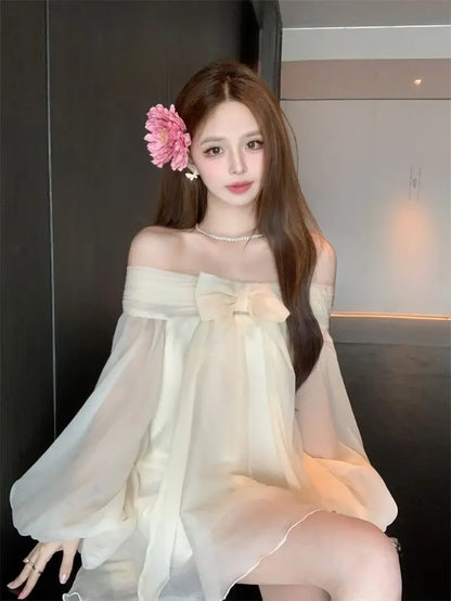 Bow Slash Neck Vestidos Off Shoulder Dress Sexy Sweet Vestido Fairy Mini Loose Dresses Spring 2026 New Long Sleeve Ropa Mujer