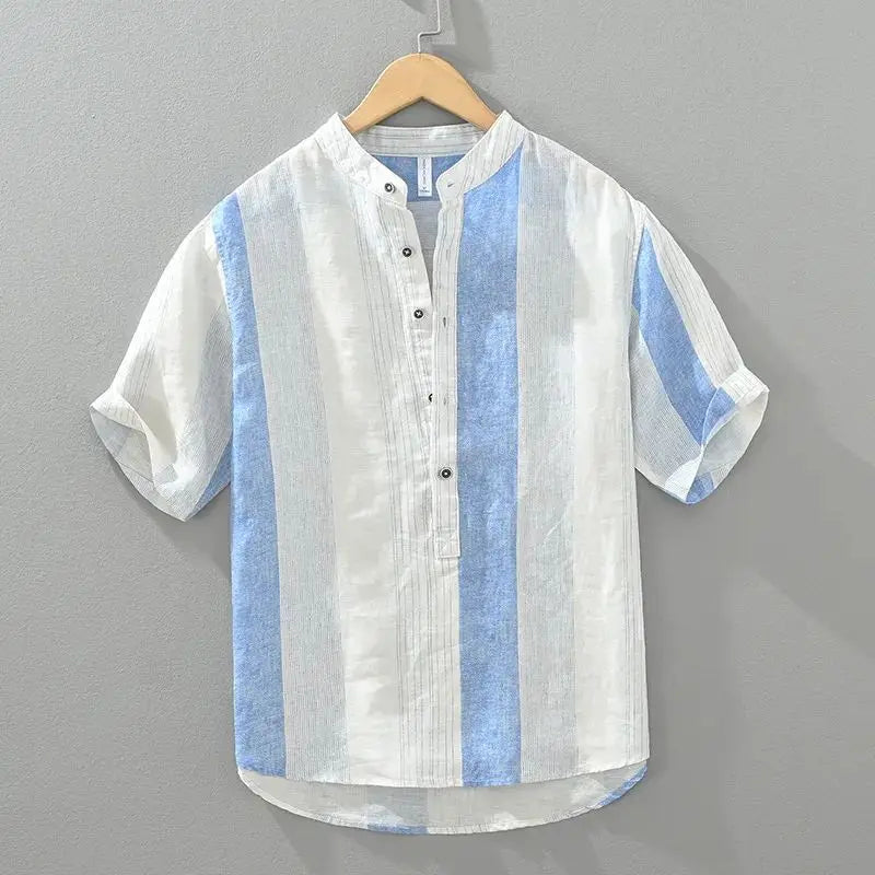 Fashion Stand Collar Printed Spliced Striped Shirts Men's Clothing 2025 Summer New Loose Short Sleeve Casual Tops Vintage Shirts(Available)