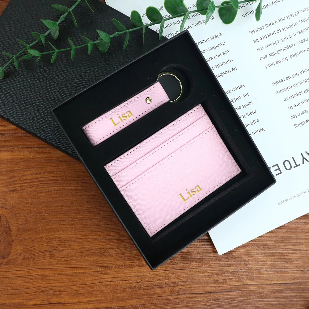 Customized name 1 set of pure color PU leather universal ultra-thin credit card wallet and PU leather keychain gift box set