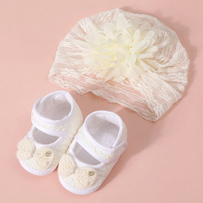 Baby Girls Princess Shoes and Turban Hat Set Bow Decor Lace Soft Non-slip Bottom First Walking Shoes