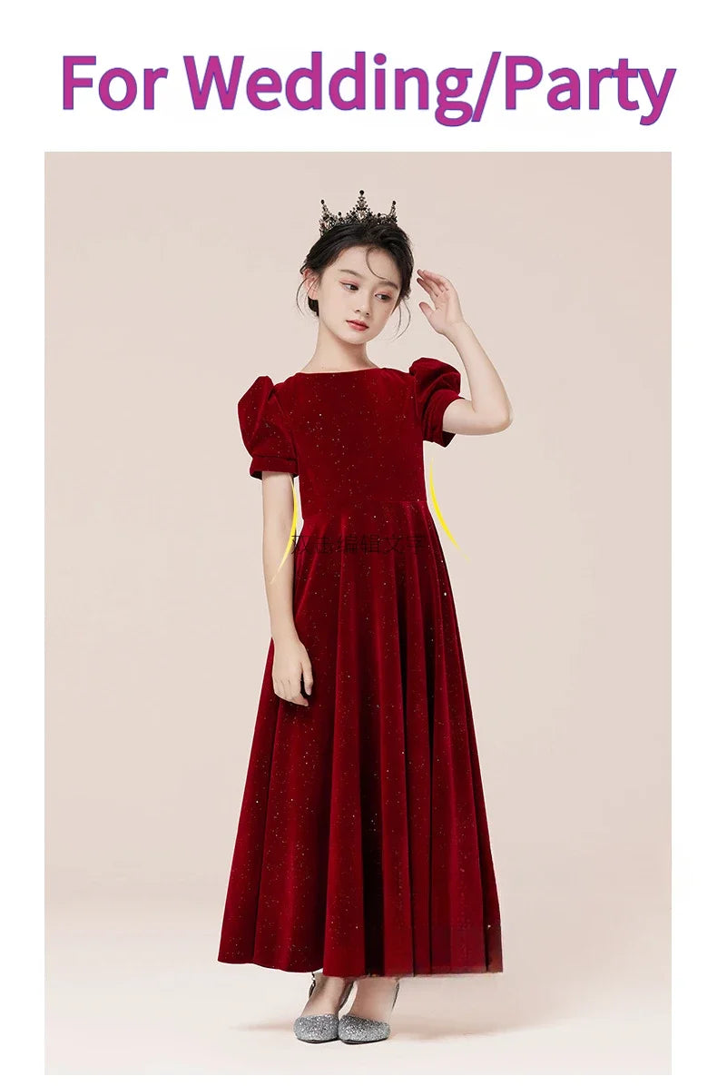 Kids Party Dress Clothing For Birthday Princess  Wine Red Piano Wedding Flower Girl 5-17 Years Old  Host Children's Formal Dress