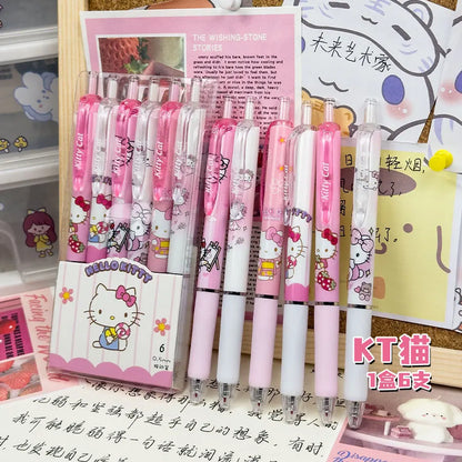 Sanrio 6pcs Series Gel Pen 0.55mm Refill Hello Kitty Y2k Cinnamoroll Kuromi MelodyCartoon Press Pen Black Stationery Supplies