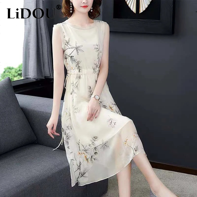 Summer New Elegant Fashion Printing Tank Dress Ladies Sleeveless Holiday Casual Robe Women Drawstring Waist A-line Midi Vestidos